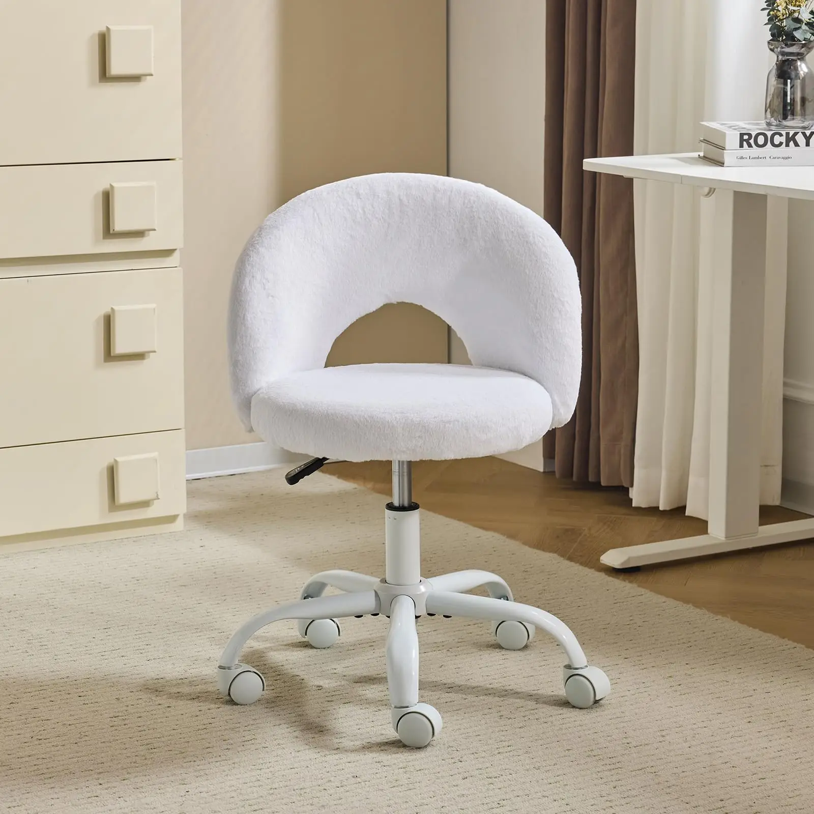 Small Chair with Faux Fur Wheels for Girls,Cute Adjustable Height Arml Office Desk Chair,360°Swivel Comfy Rolling for