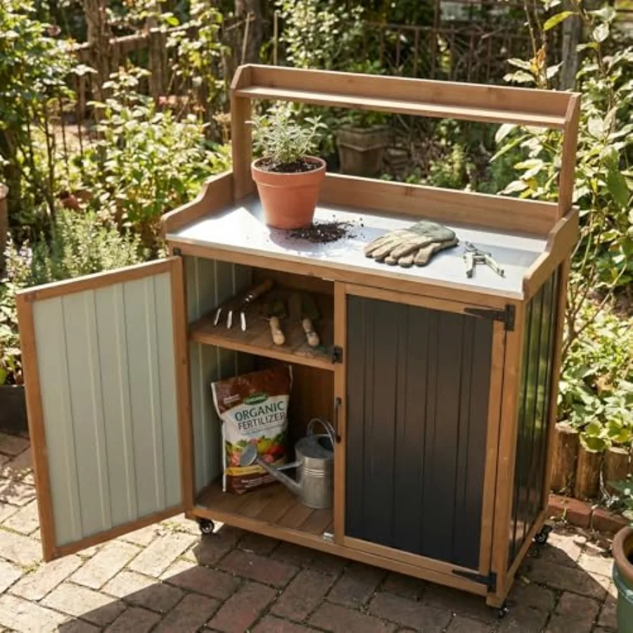 Outdoor Potting Bench with Storage, Potting Table with Metal Top, Garden Workstation Cabinet with Shelf, Rolling Outdoor Work T