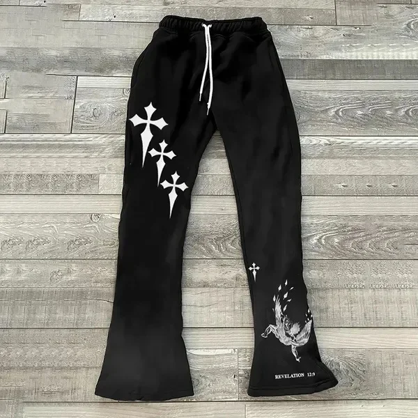 2026 New Model Men Gothic Vertical Graphic Wide Leg Sweatpants Drawstring Loose Straight Baggy Y2K Dark Punk Streetwear Pants.