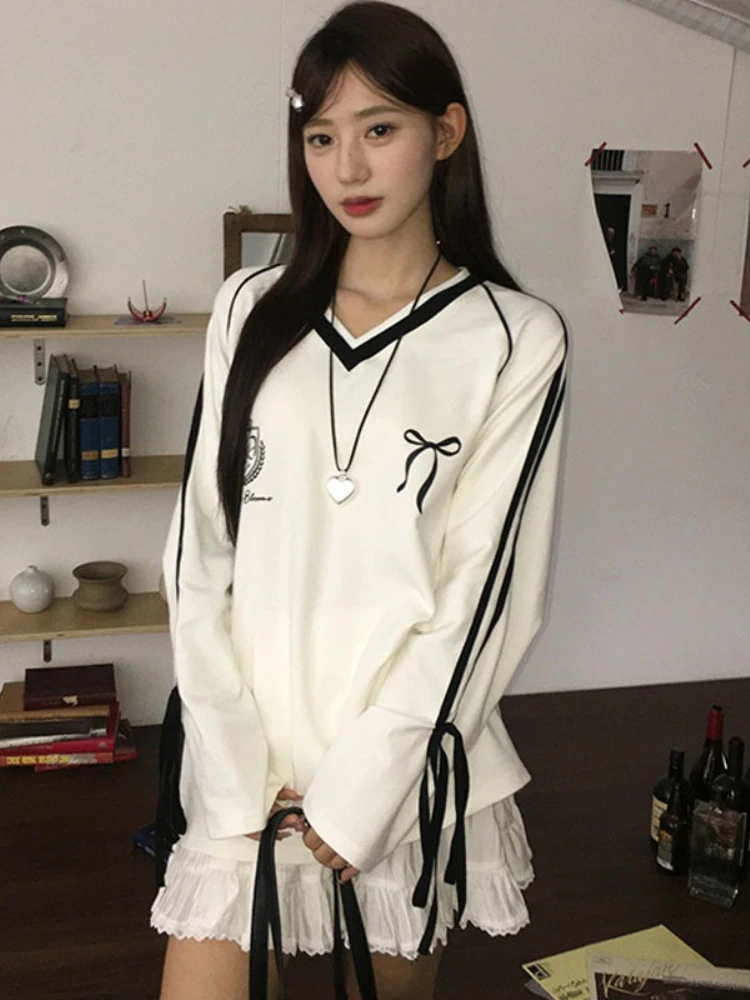 Y2k Aesthetic Oversized V-neck Black Jersey Tops Women's Lace Up Streetwear Hoody Harajuku Vintage Stripe Long Sleeve Sweatshirt