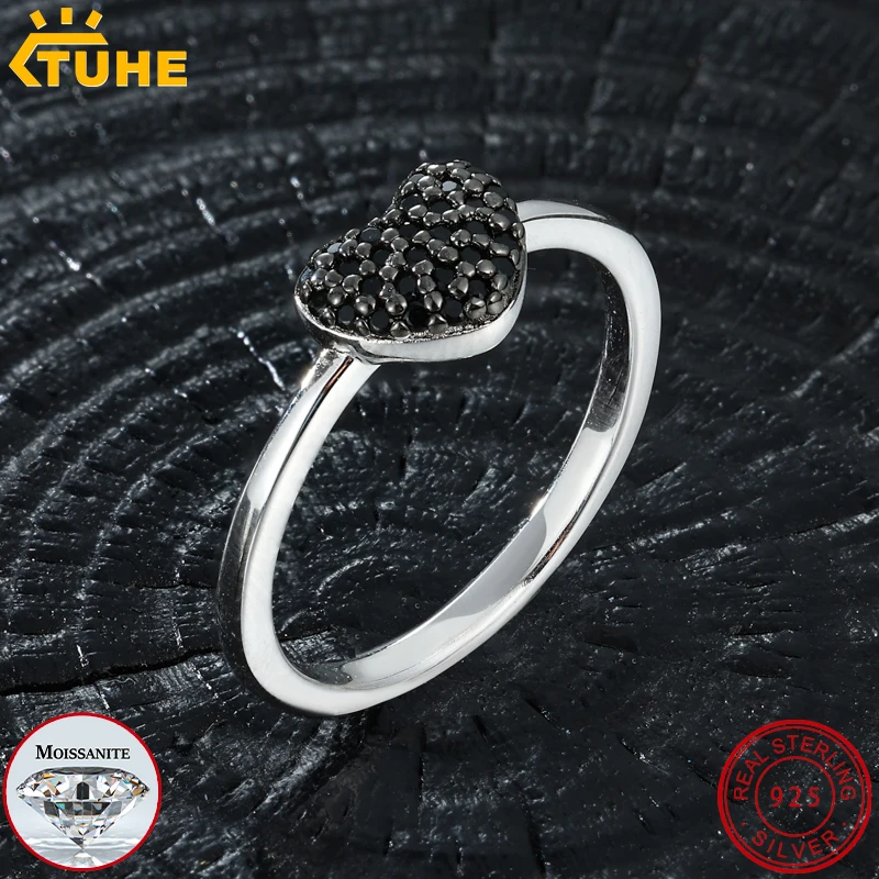TUHE Heart Black Moissanite Ring GRA 925 Sterling Silver Plated 18K White Gold Wedding Rings for Women Hip Hop Jewelry