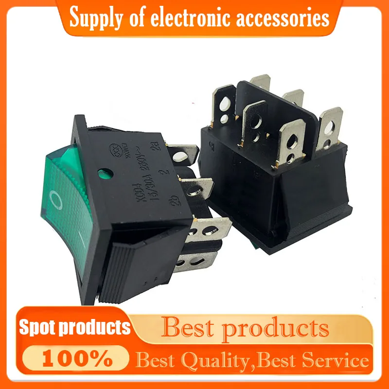 KCD4-202N ship-type switch with 6 pins and a lighted green indicator, 2 settings, 15A/30A, 250V