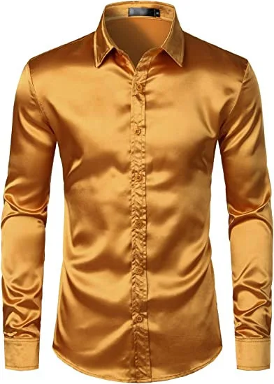 Hi-Tie Plain Satin Silk Mens Dress Shirts Long Sleeve Suit Shirt Casual Formal Blouse Pure Solid Rose Gold Peach Pink Mint White