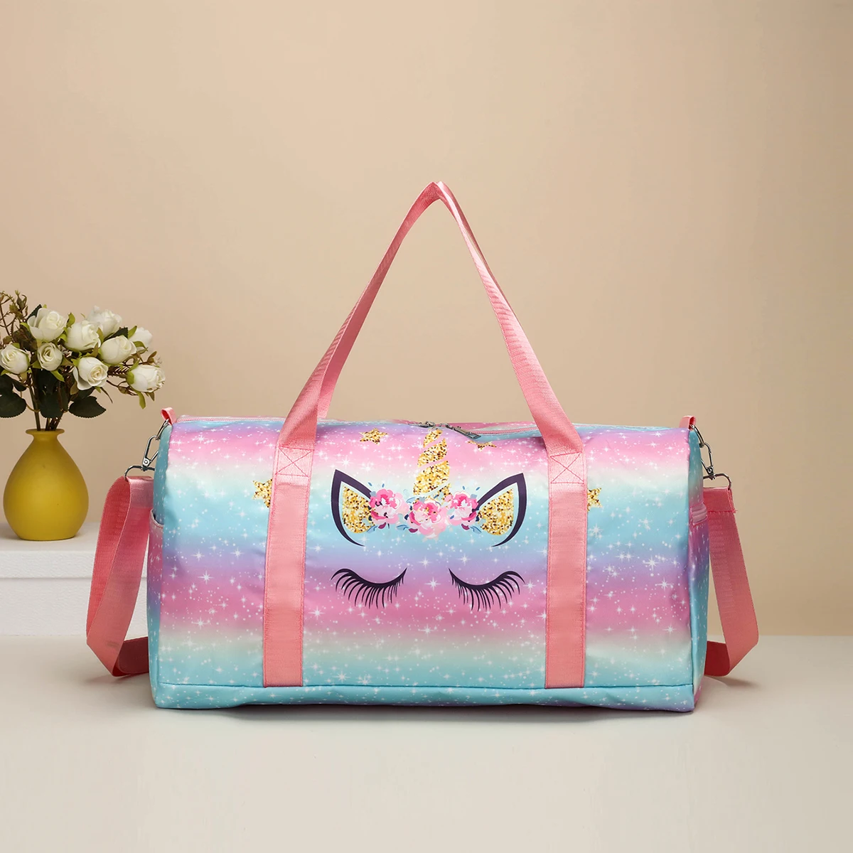 

Cute unicorn travel bag, suitable for girls and children, rainbow starry sky pattern, lightweight sports and fitness tote bag wi