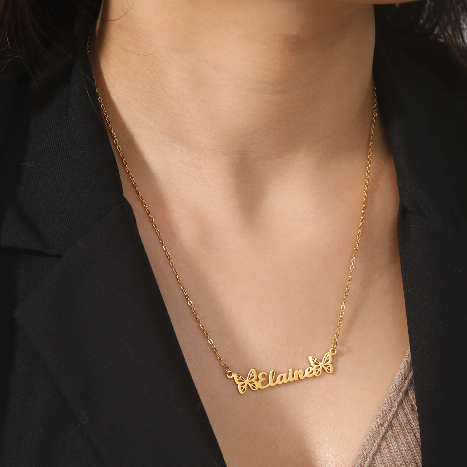 

Customized Name Necklace with Butterfly Stainless Steel Personalized Pendant Choker Neck Chains Jewelry for Women Girls
