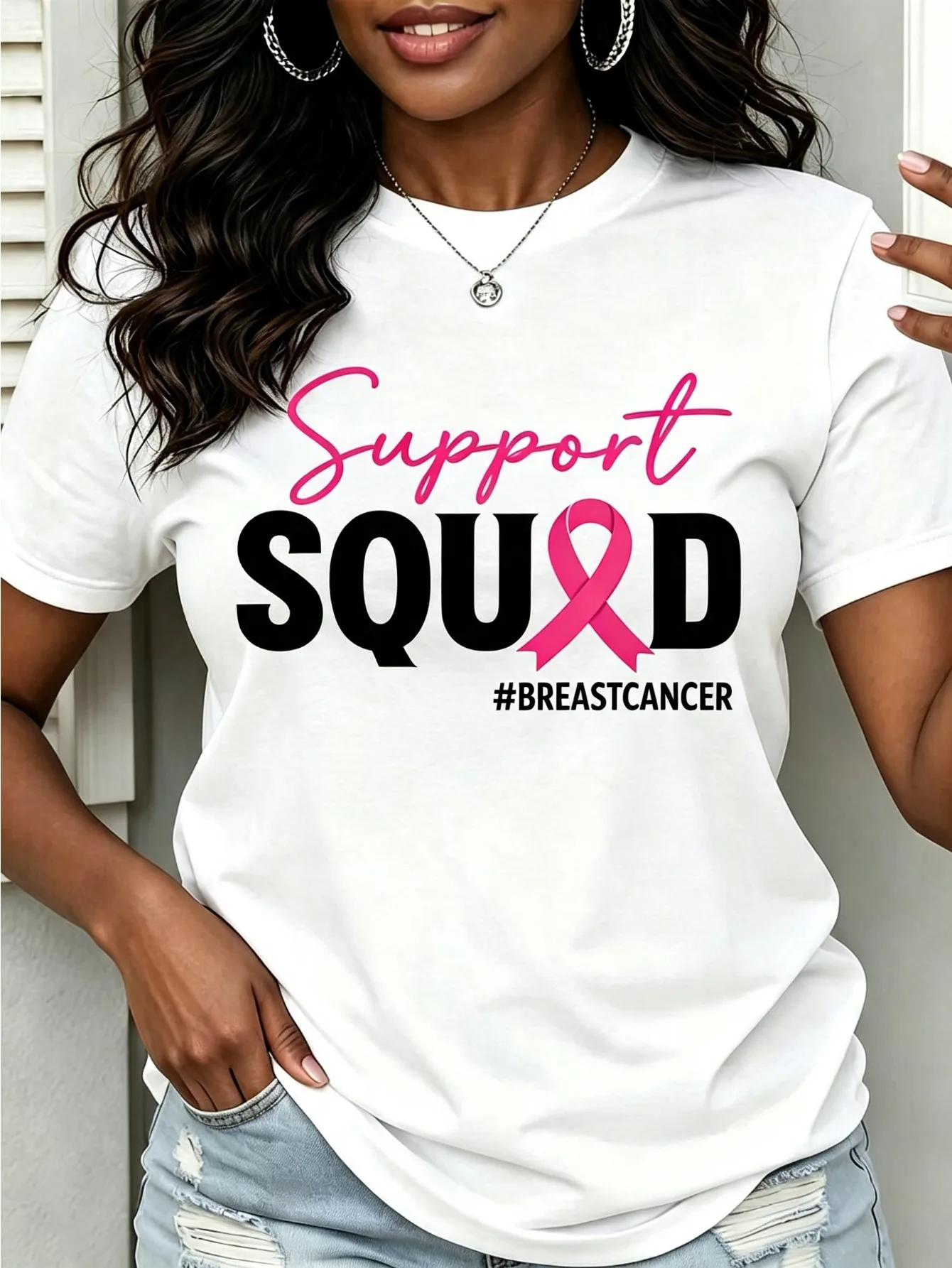 Women'S T-Shirt Plus Size Support Squad Pink Ribbon Breast Cancer Awareness Month T-Shirt Gift Unisex Items Soft Breathable Lightweight Crew Neck Regular Fit Machine Washable Comfortable Crewretro Casual Crew Neck Printed T-Shirt