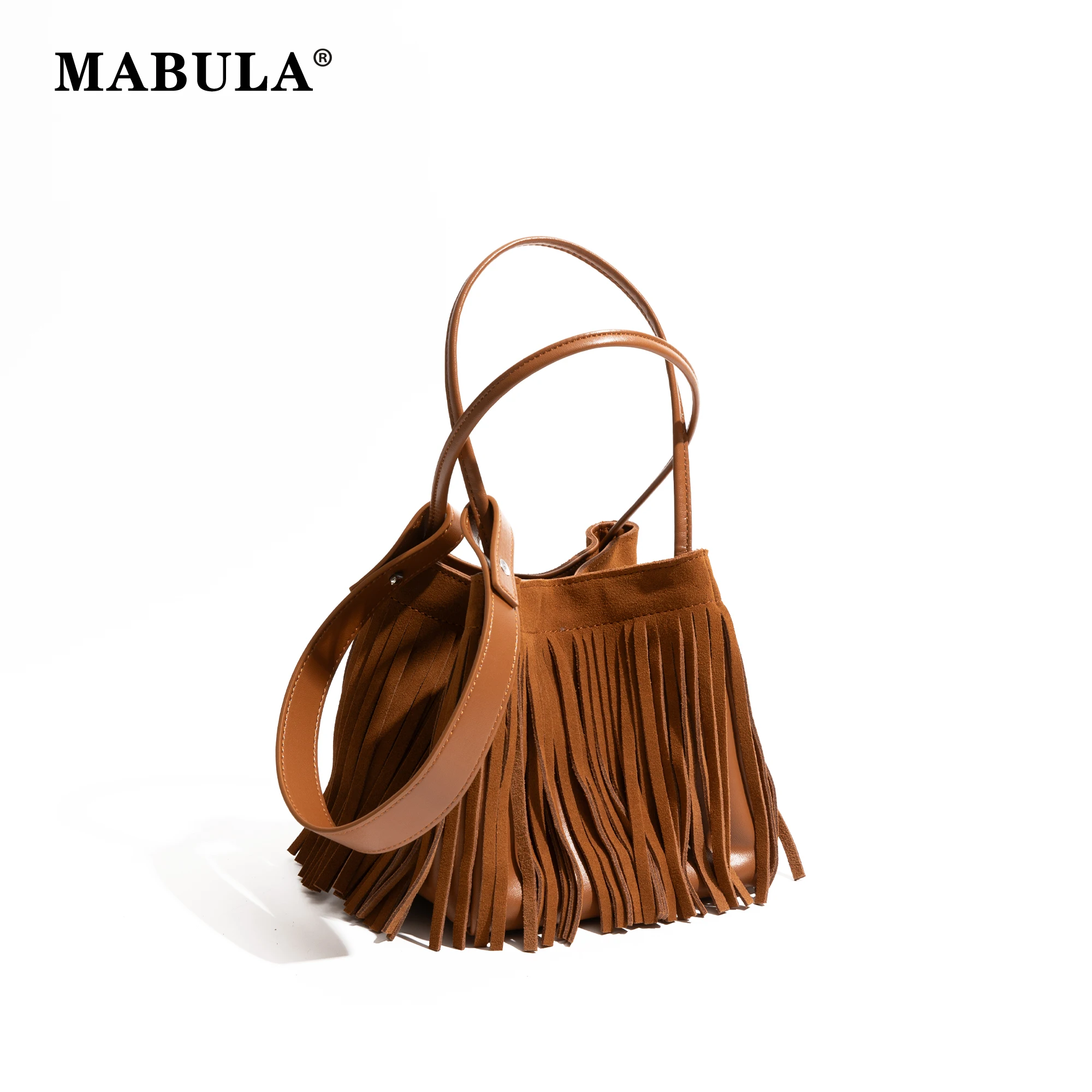 

MABULA Retro Suede Genuine Leather Tassel Basket Handbag Luxury Design Removable Strap Stylish Shopping Bag Ladies Shoulder Bag