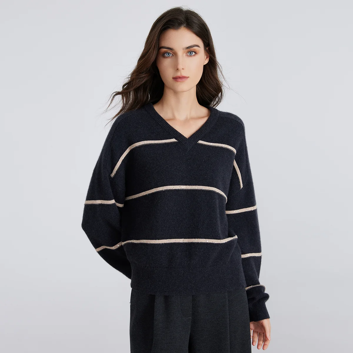 

Pop BC821 V-neck Striped Long Sleeved 100% Cashmere Knit Sweater, Warm And Comfortable Pullover