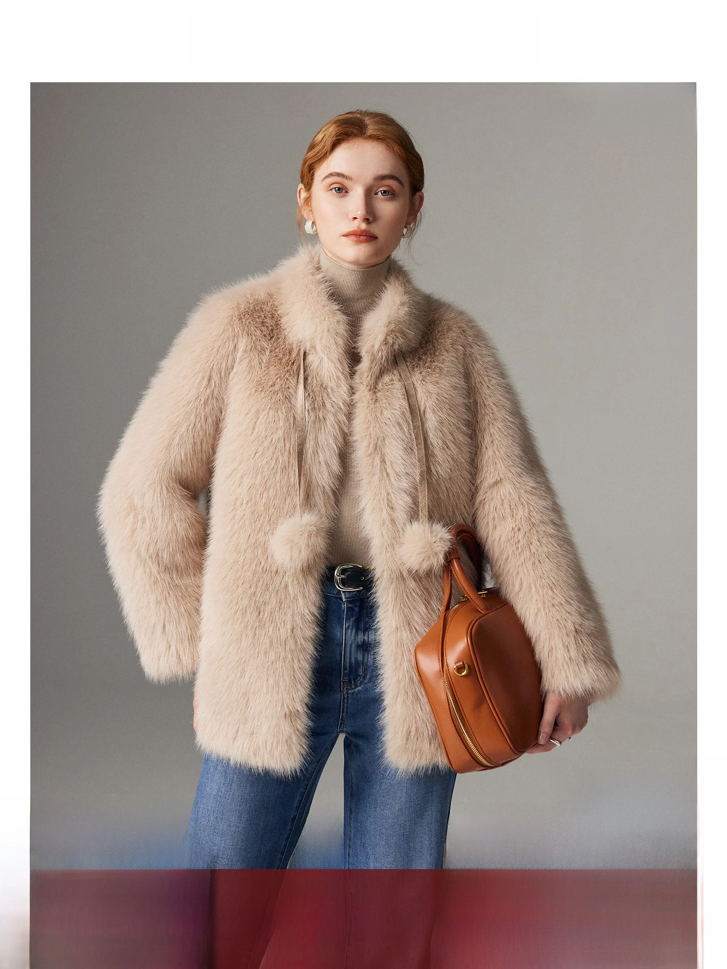 

Экологичное женское длинное пальто из меха и кожи с милым шариком, мягкий возрастной воротник-стойка, длинное пальто из искусственного меха, корейское длинное пальто для поездок на работу