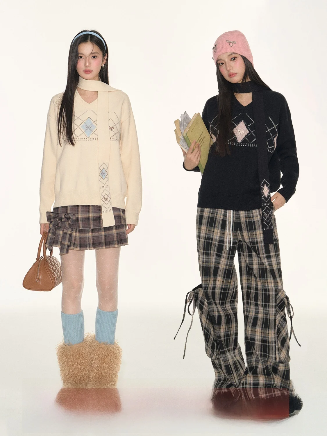 

FPMZ College Sle V-Ne вязаный свитер свободного кроя с вышитым узлом и ромбовидным узором, женский длинный топ све