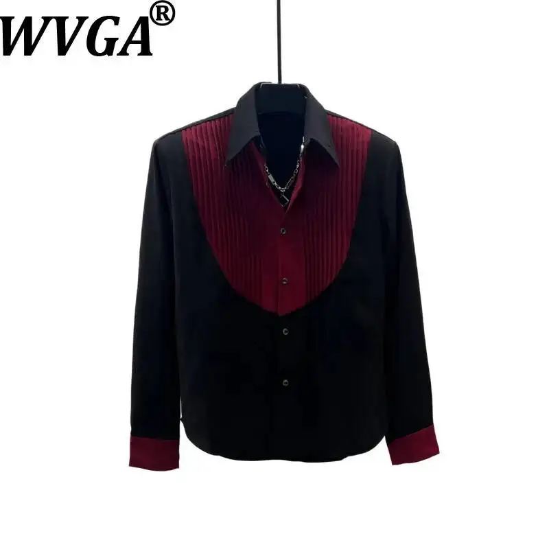 WVGA Spring Autumn New Men's Color-Block Long Sleeved Shirt High-End Stylish Pleated Shoulders Niche Chic Casual Tops Ins W24722