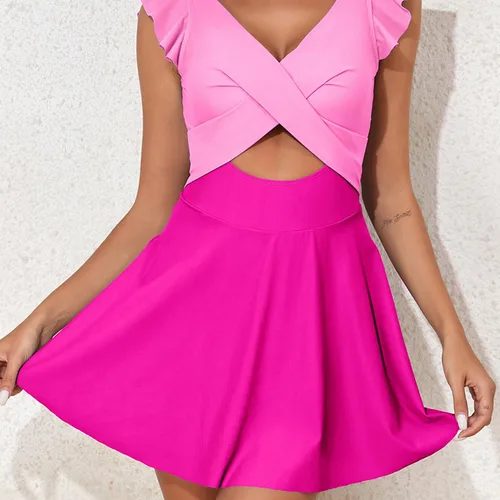 Imagen 2 del producto Bikini de dos piezas para Mujer, a la moda Sexy traje de baño, falda con volantes, Color sólido, bloque, Playa