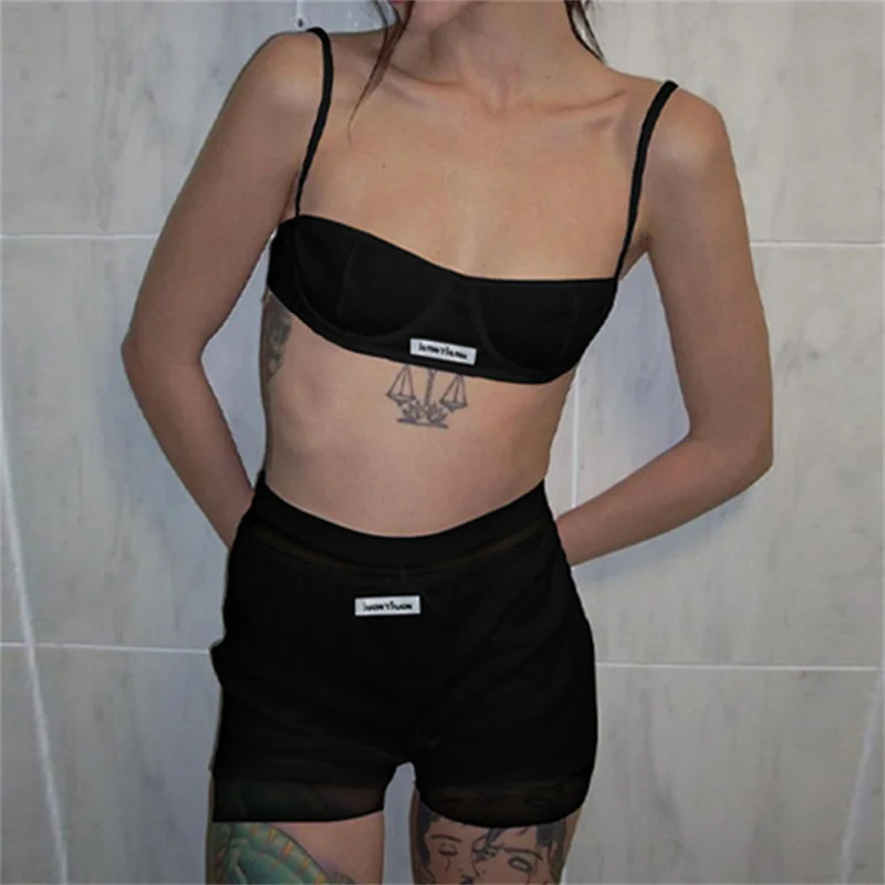 Solid Sleeveless Patchwork Letter Sexy Slim Crop Camis Shorts 2 Pcs Matching Sets Autumn Casual Streetwear Sport Outfit