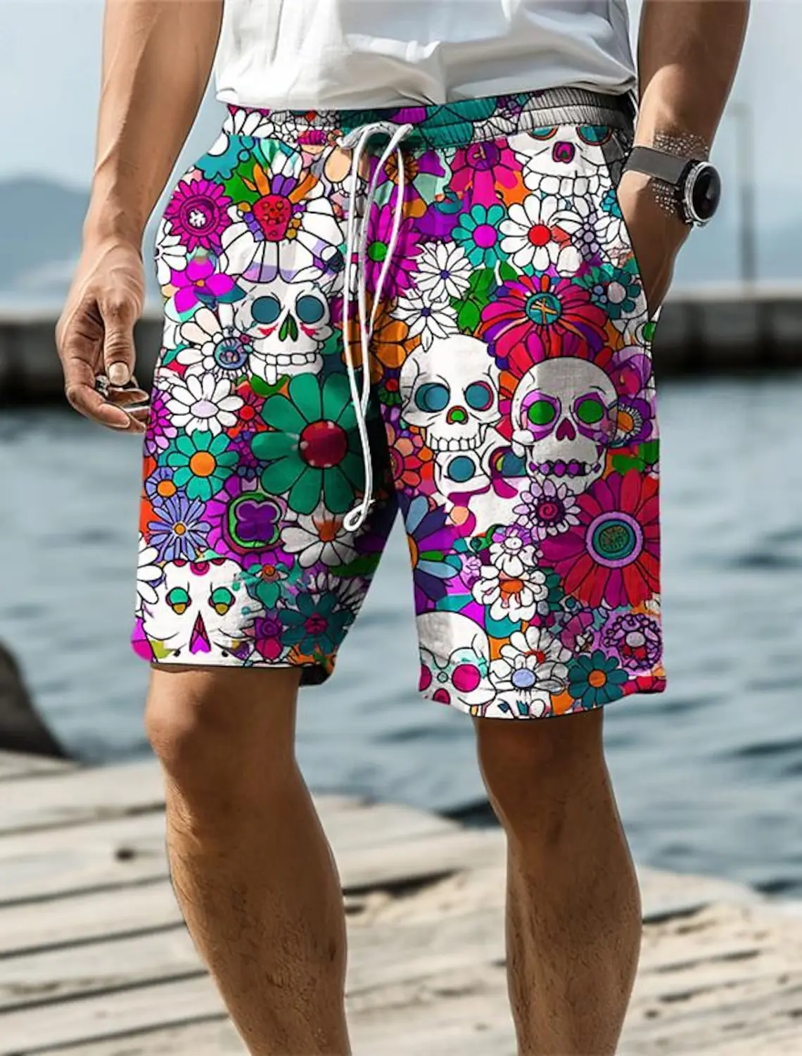 2024 Skull Flower Graphic Men\'s Resort 3D Printed Board Shorts Swim Trunks Elastic Waist Drawstring Hawaiian Style Holiday Beach