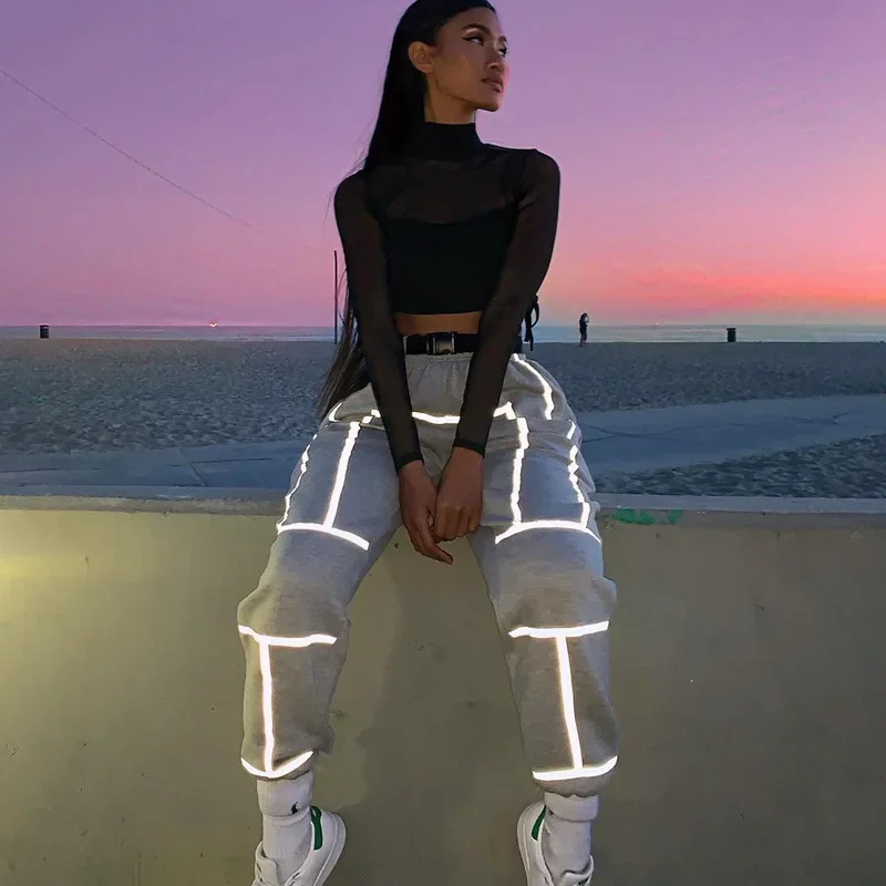 

2025 spring and summer women's clothing new reflective strip foot trousers sports casual pants women Y2K
