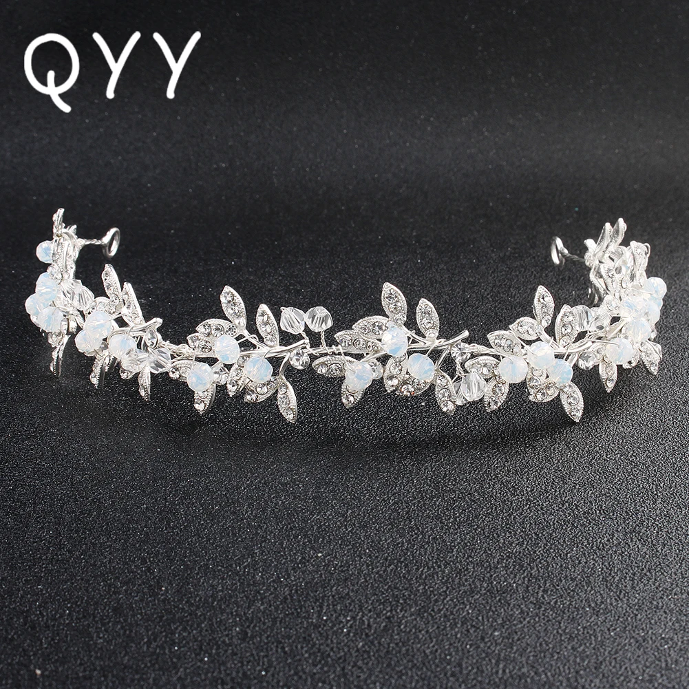 QYY Newest Opal Crystal Leaves Headbands Fashion Handmade Headpieces Jewelry Women Hair Vine Wedding Hair Accessories