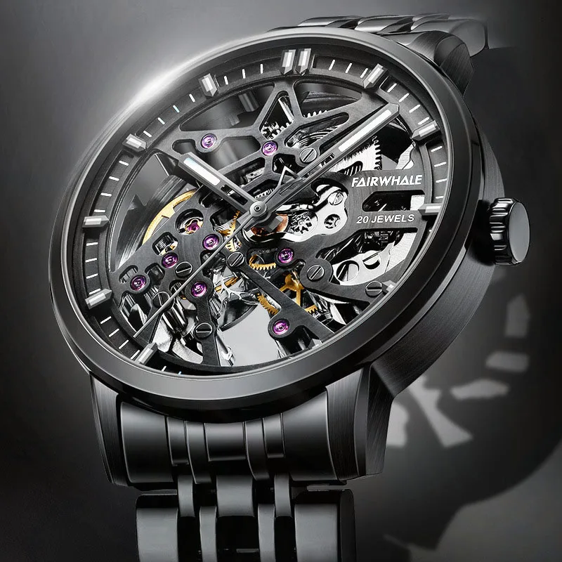 Orologi meccanici di alta qualità di marca Fairwhale per uomo Orologi scheletrati impermeabili in acciaio inossidabile Orologio tourbillon di lusso da uomo