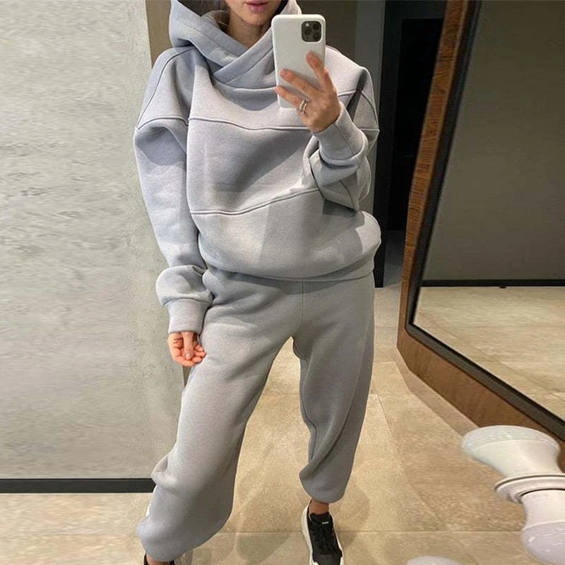 Casual Loose Long Sleeve Hoodies Tops+Pocket Long Pants Suit Winter Warm Commuter 2PC Sets Autumn Women Fashion Solid Sport Set