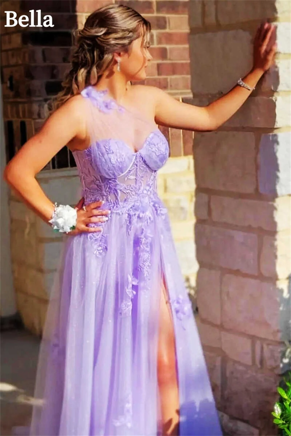 Bella Lavender Prom Dresses One Shoulder Lace Embroidery Wedding Dress Elegant Sleeveless Sexy Side Split Vestidos De Fiesta