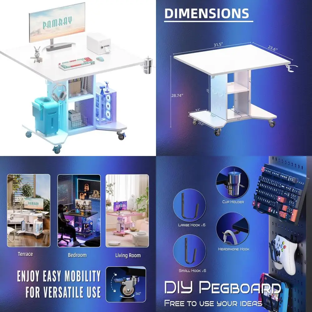 

Compact LED-lit Gaming Desk with Power Outlets and Storage for Small Spaces - White