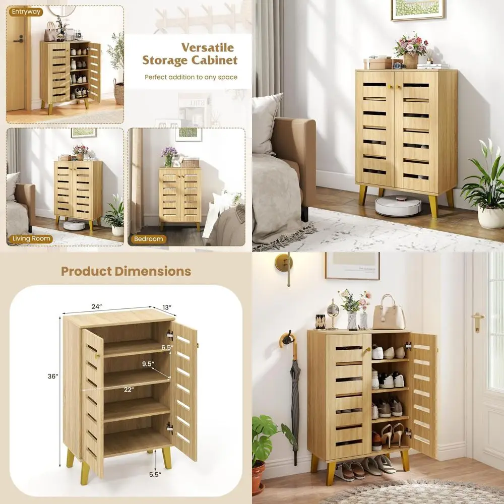 

4-Tier Ventilated Wooden Shoe Cabinet with Adjustable Shelves for Entryway & Living Room Storage