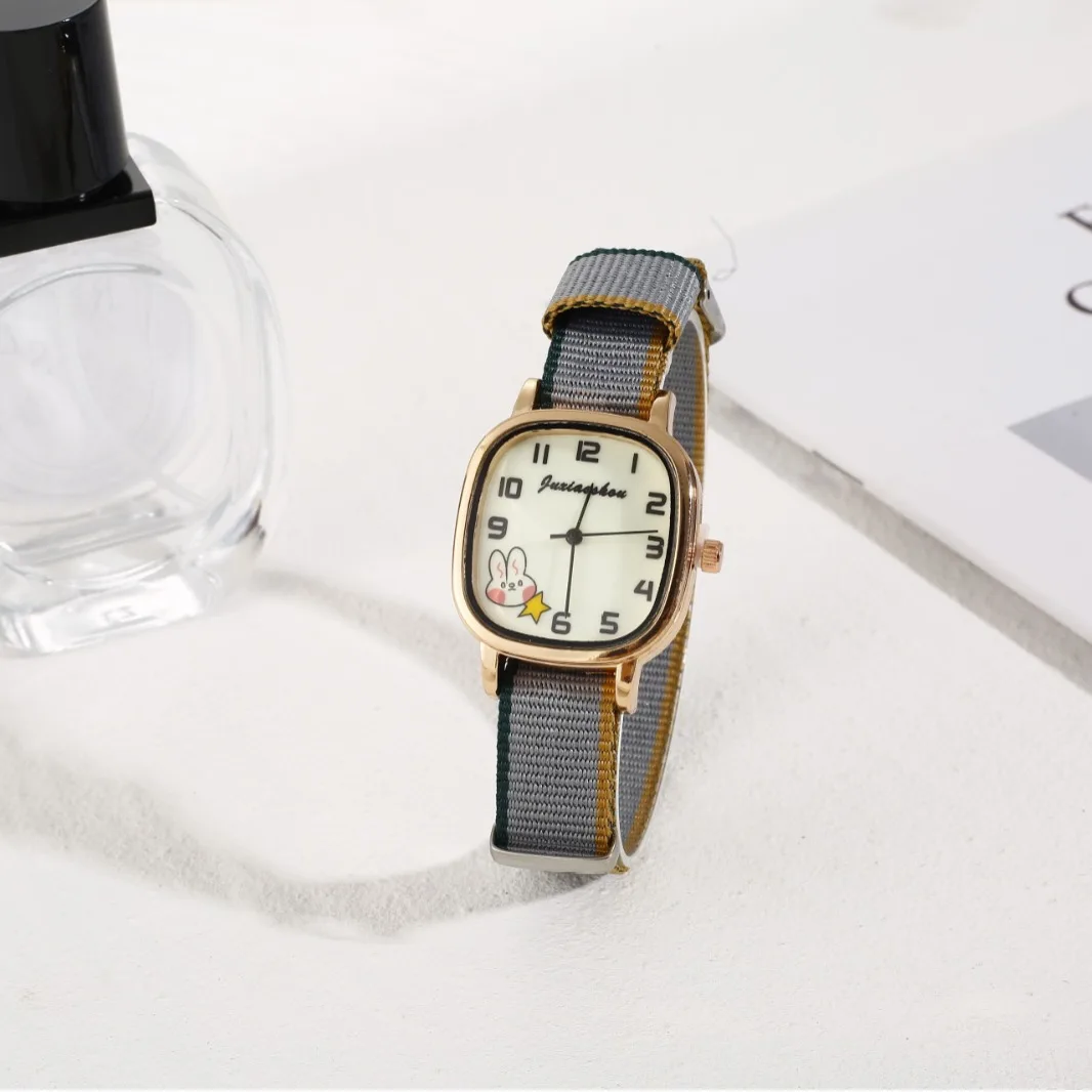 Retro Simple Rabbit Square Watch Strap Color Blocked Student Children's Watch Cute Star Pattern Dial Gift