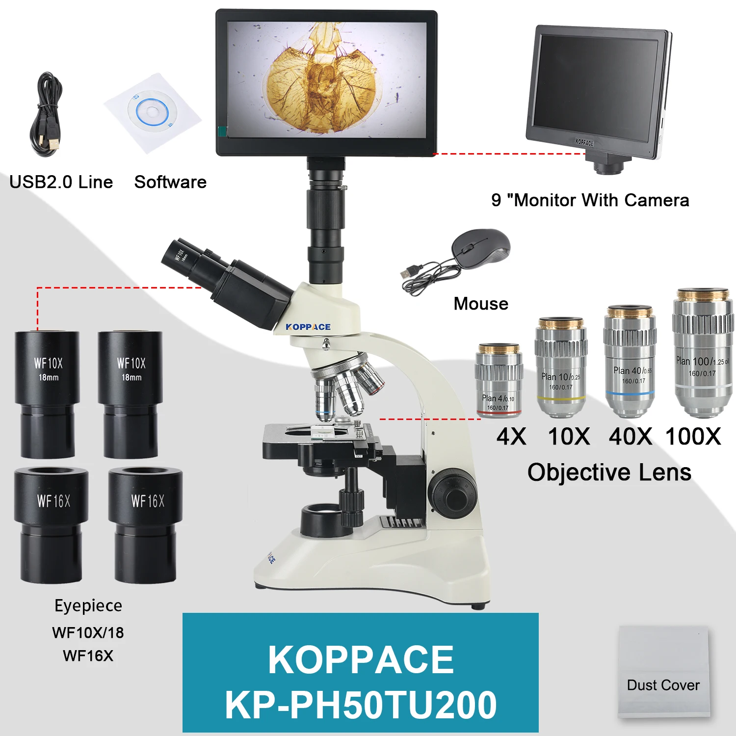 KOPPACE 40X-1600X Trinocular Biomicroscope 2 Million Pixel 9 inchs HD Monitor Biological Research Microscope