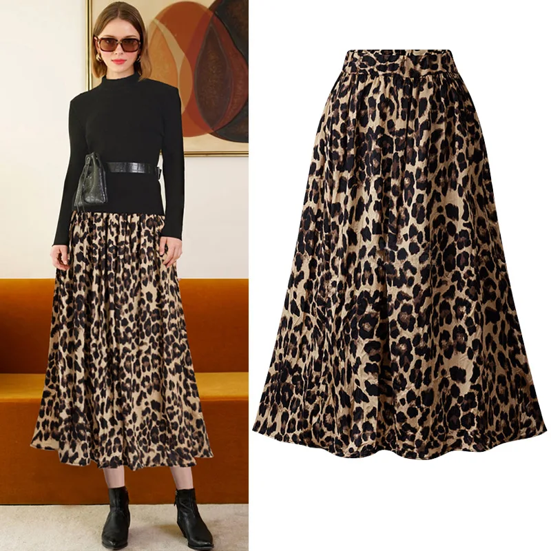 

New Long Skirt Leopard Bustle Skirt Female 200 Pounds in the Long Section Package Hip Skirt Large Size Thin Go