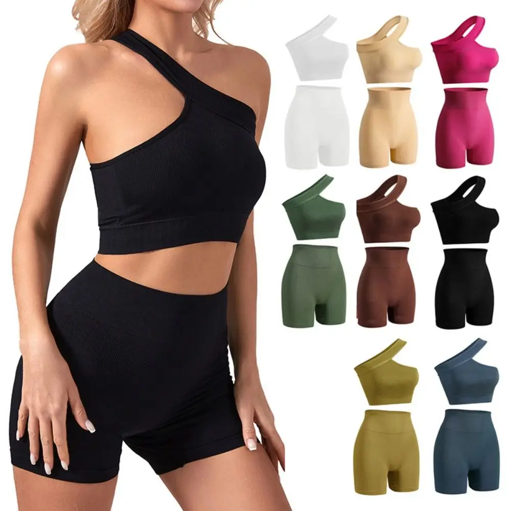 

2Pcs Comfortable Seamless Women Workout Sets High Waist Ribbed Active Wear One Shoulder Tank Tops Lady Tracksuit Gym