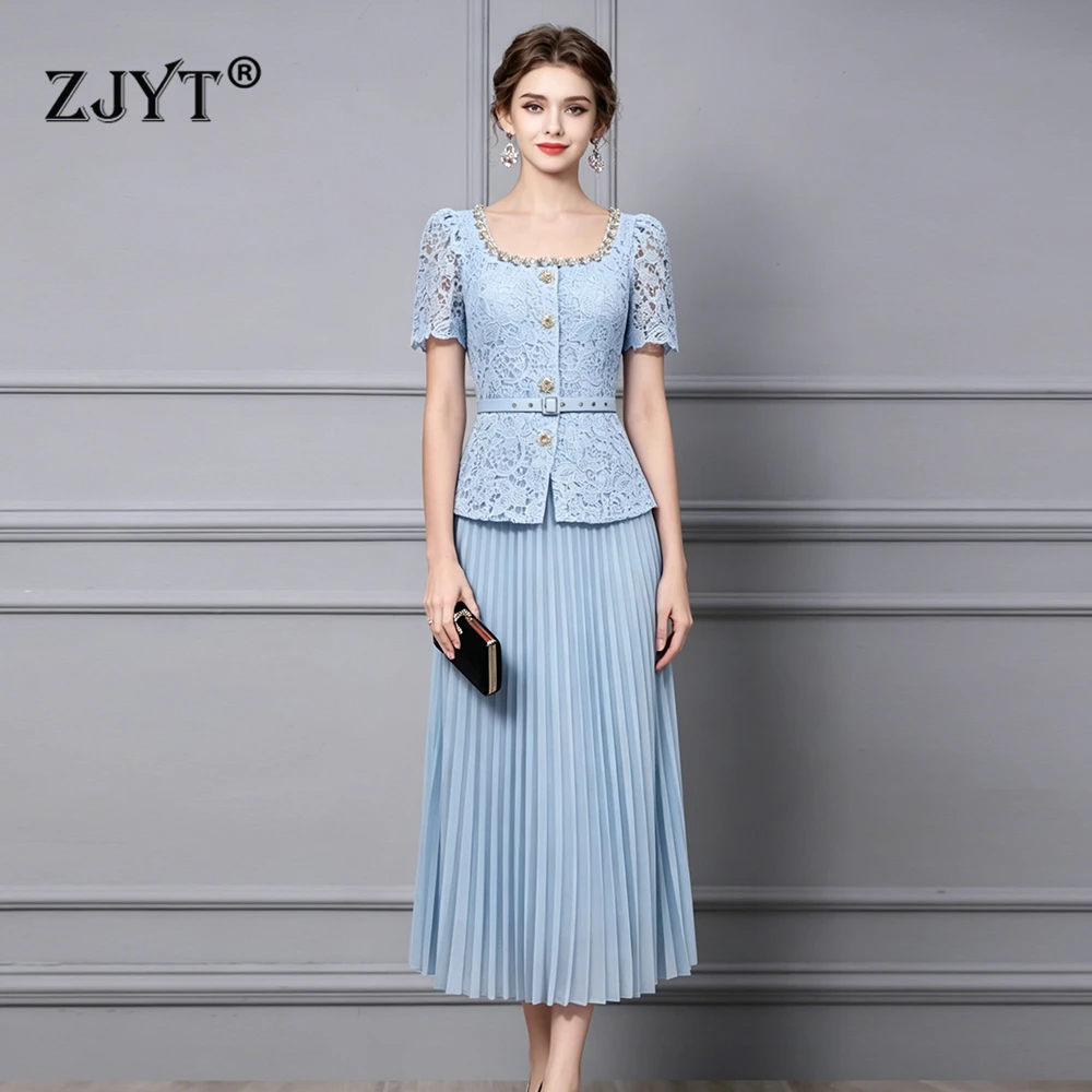 ZJYT Elegant Summer Long Pleated Lace Dress Women Diamonds Square Collar Short Sleeve Blue Holiday Party Dresses Casual Vestidos