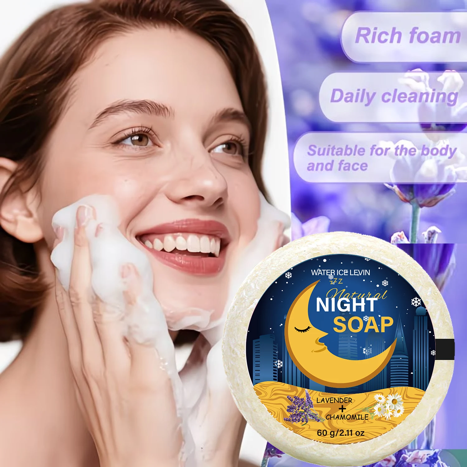 Lavender & Chamomile Night Soap with Hyaluronic Acid & Niacinamide, Natural Calming Cleansing Bar for Skin 60g