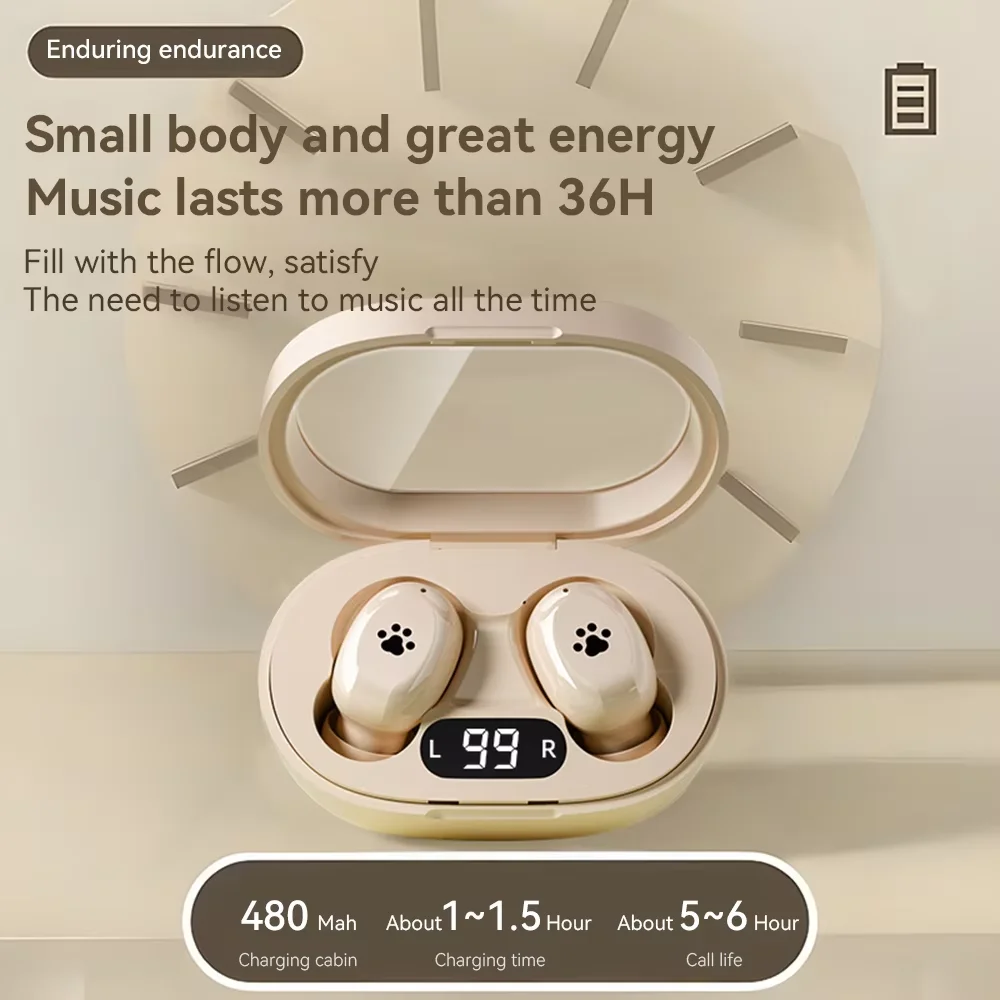 Cat Paw Print Bluetooth-hoofdtelefoon Power Display Bluetooth 5.3 Oortelefoon voor meisjes Intelligente aanraakbediening HIFI draadloze oortelefoon