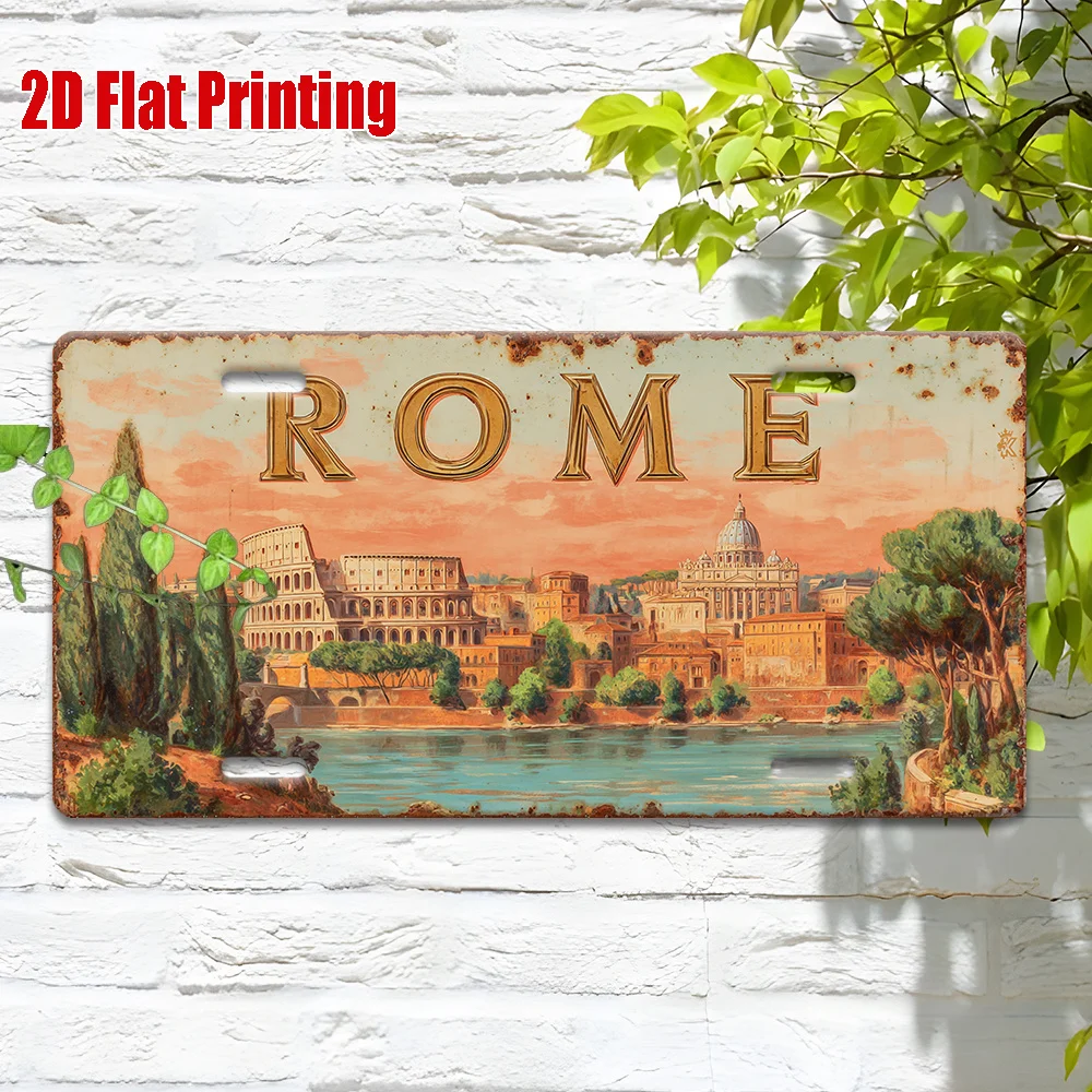 2D Flat, 1pc Vintage Rome Italy Metal Wall Art Sign - 30.48cm x 15.24cm Aluminum Colosseum & Roman Landmarks Indoor/Outdoor Deco