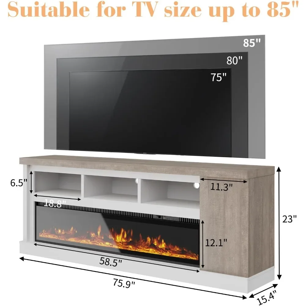 75” Fireplace TV Stand with 60” Electric Fireplace  for TVs Up To 85”, Wood Grain TV Entertainment Stand