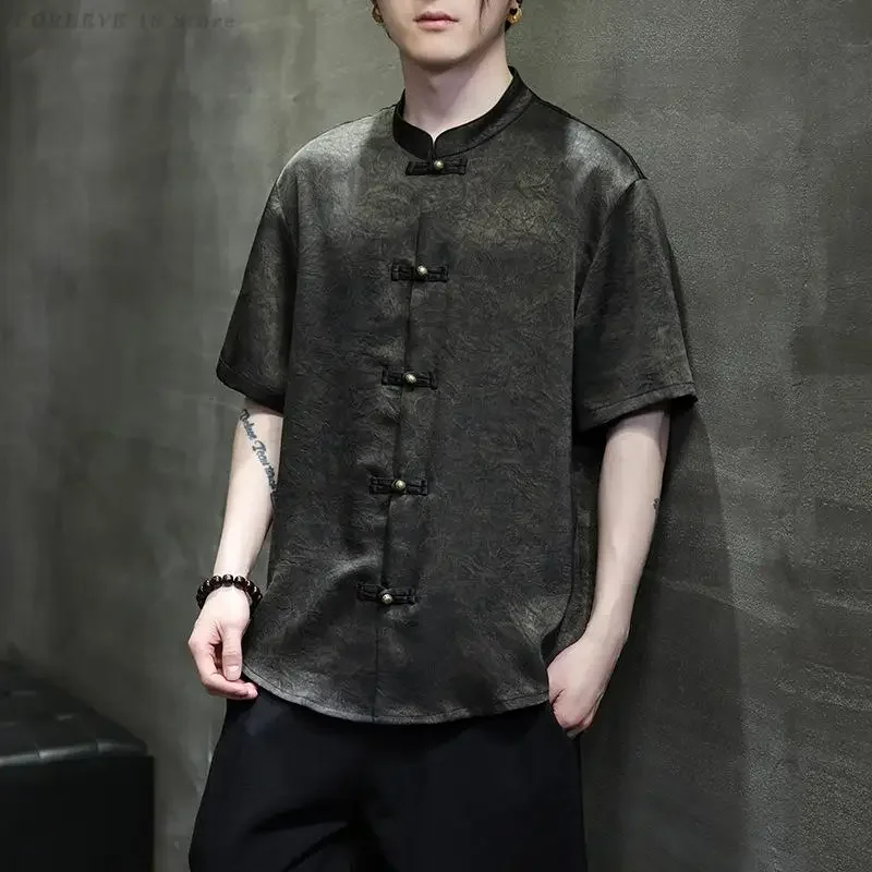 Traditional Vintage Button Top Chinese Style Men's Tang Suit Shirts Plus Size 5XL Casual Loose Hanfu Blouse Satin Jacquard Coat