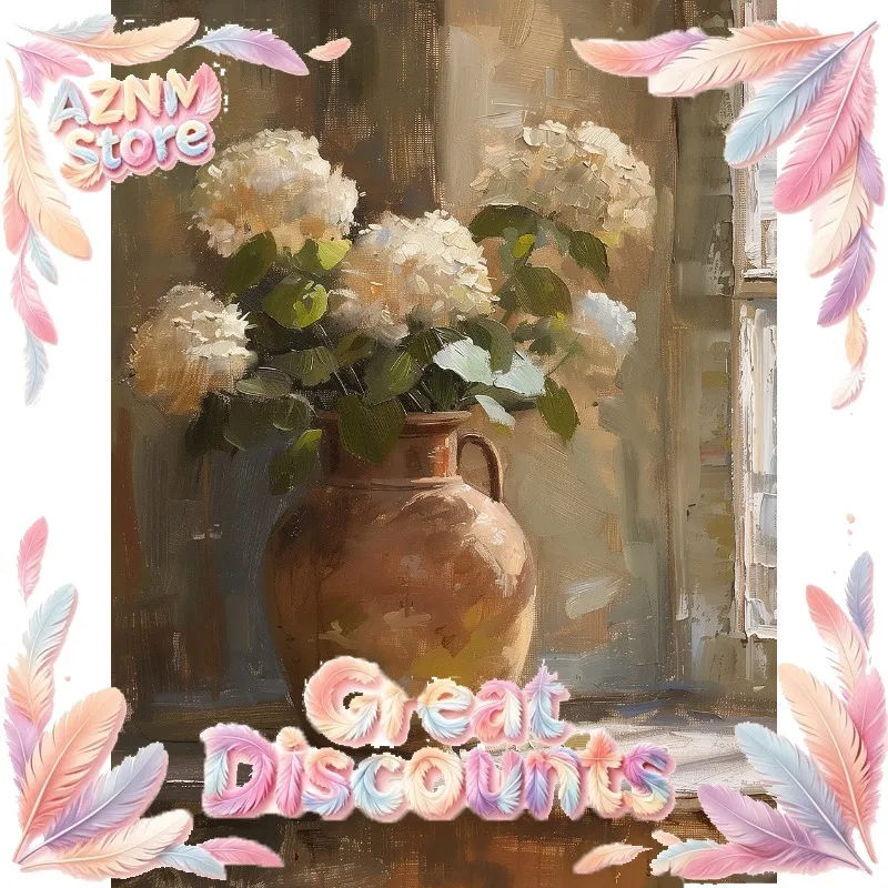 2026 Vintage Blue White Hydrangeas in Vase Still Life Flower Aged Pottery Poster Canvas Painting Wall Art Pictures Home Decor