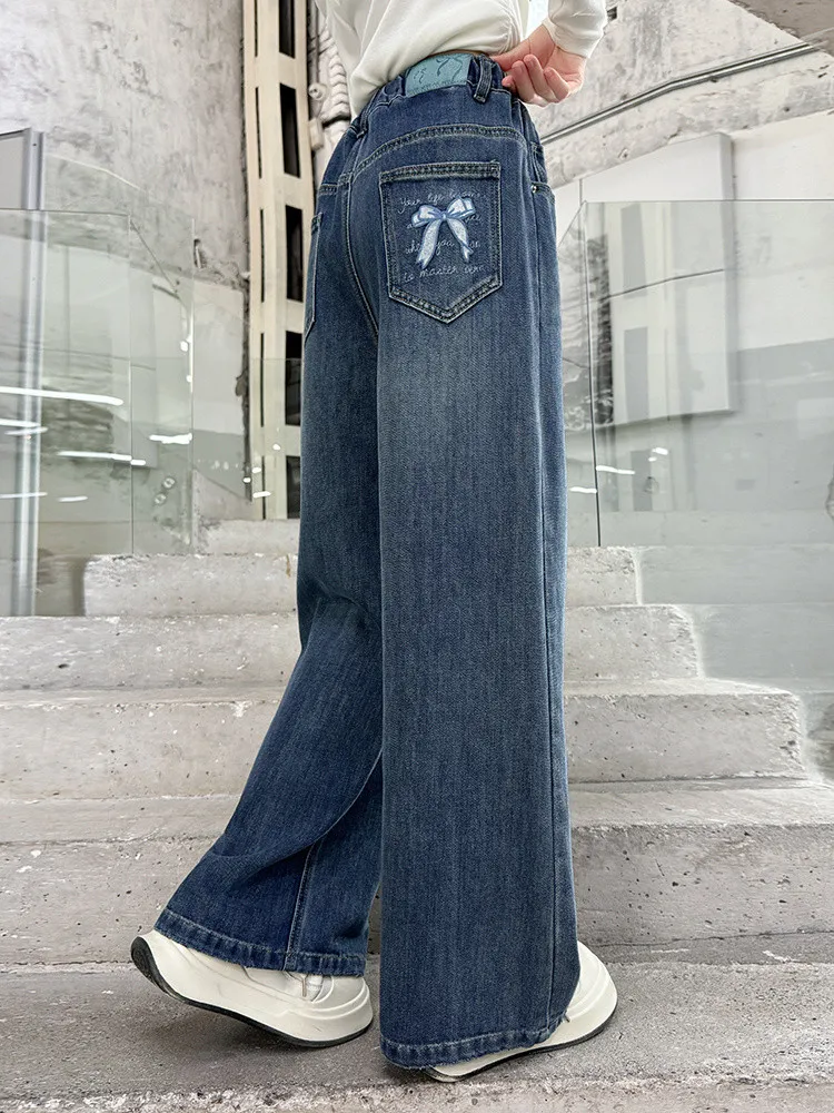 

Джинсы-брюки прямого кроя для девочек-подростков, широкие штанины, весна-осень