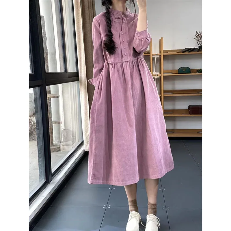 2024 Spring Autumn Fashion Corduroy Dress Long Sleeved Women Dress Vestidos Korean Loose Winter Bottoming Dress Dresses Female