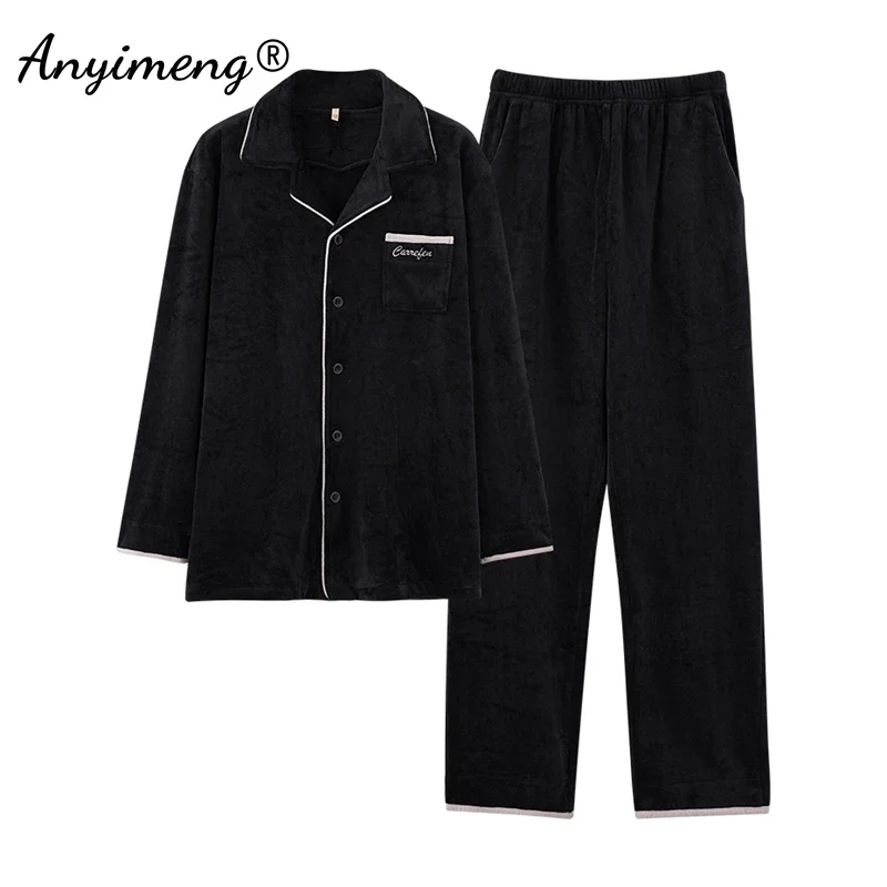 L-3XL Plus Size Mens Winter Pajamas Thick Island Velvet Pijamas Lapel Cardigan Man Homewear Solid Black Men Sleepwear