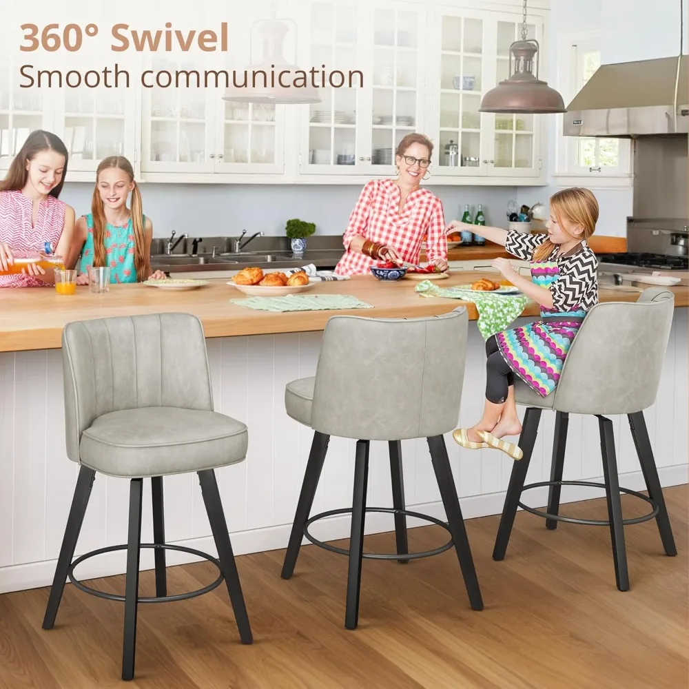 Bar Chairs, High Back and Wood Legs, Morden Faux Leather Upholstered Barstools for Kitchen Counter,  Swivel Bar Stools Set of 3