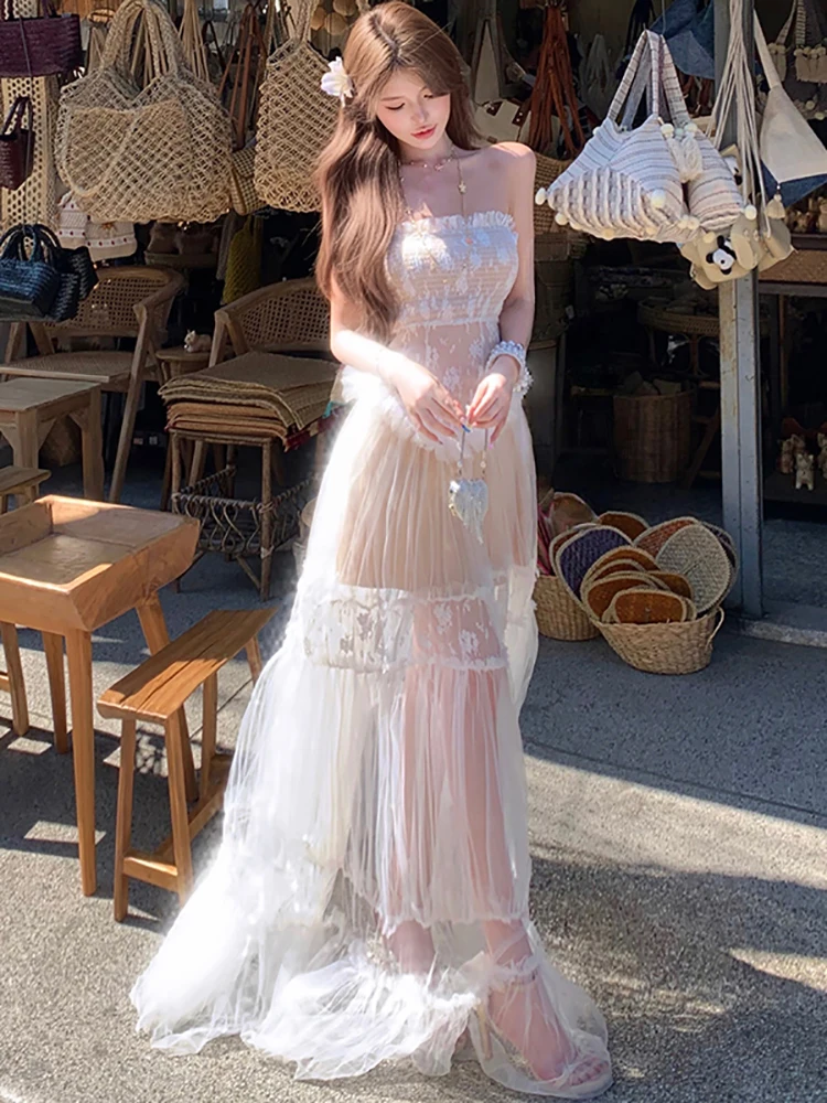 

Женское модное платье-макси с сетчатыми вставками, кружевом и жаккардовым узором, на бретельках, сексуальное, элегантное, роскошное, летнее, корейское, облегающее, для дня рождения, 2026