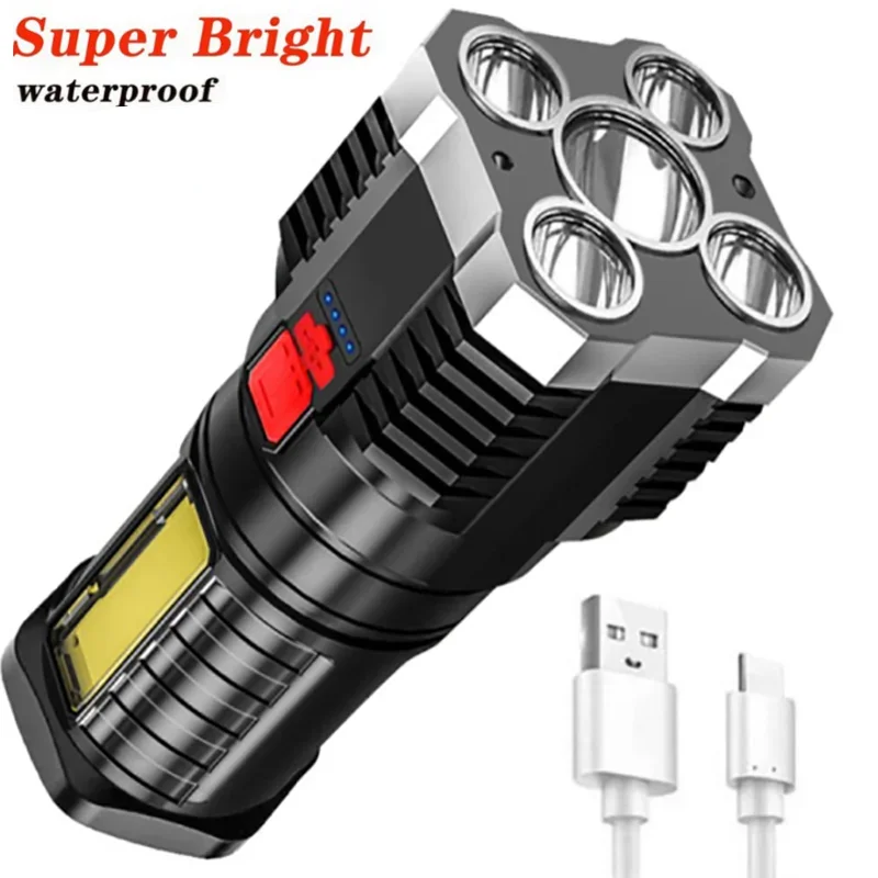 USB Recharge 5 LED FlashLight COB Side Light Power Display Lantern Outdoor Portable Lamp 4 Mode Waterproof Rechargeable Torches