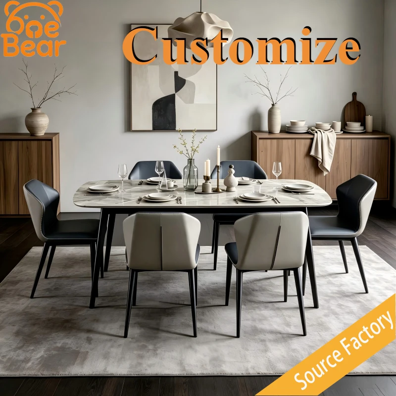 Sintered Stone Dining Table Set 6 Seats For Family Gathering, Rectangular Table With Carbon Steel Legs For Kitchen Dining Room