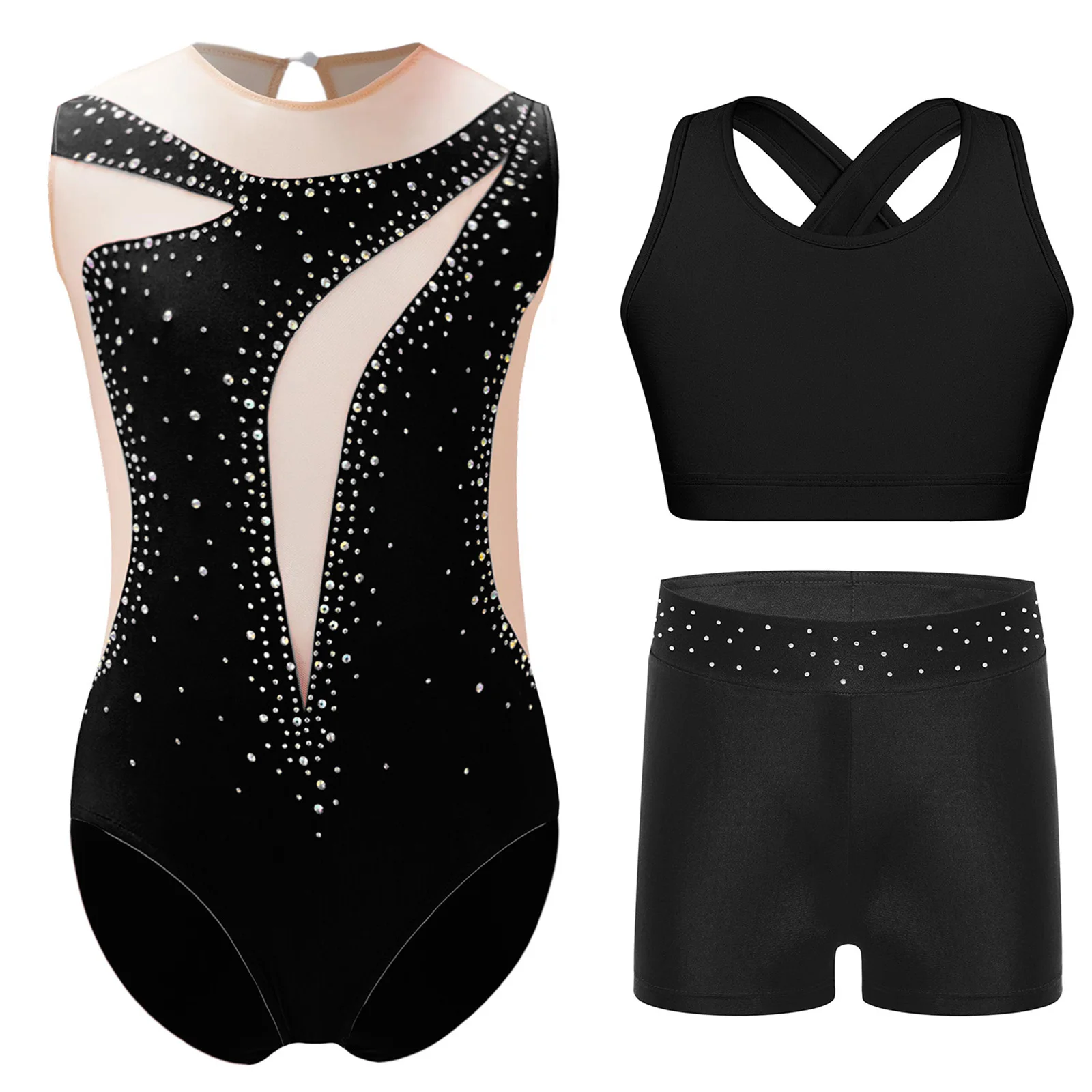 

Kids Girls Rhythmic Gymnastics Dance Outfit Shiny Rhinestone Sheer Mesh Patchwork Leotard+Vest+Shorts Figure Ice Skating Wear
