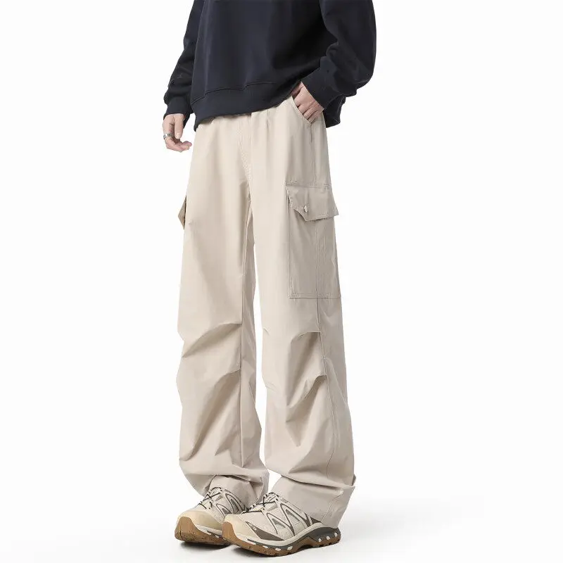 

Gwit Spring New Sle Men's Casual Pants Loose Straight Leg Workwear Trousers Paratrooper Loose Fit Long Youthful Polyester