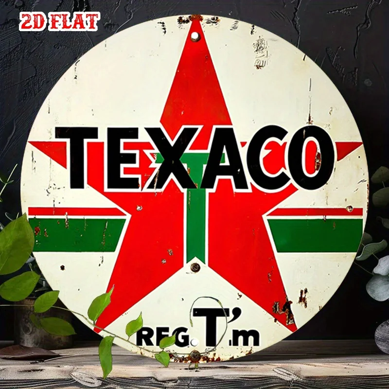 [2D Plat] Panneau Métallique Vintage Logo Texaco Effet Vieilli en Aluminium avec Motif Étoile Rouge et Verte Décoration Murale Métallique