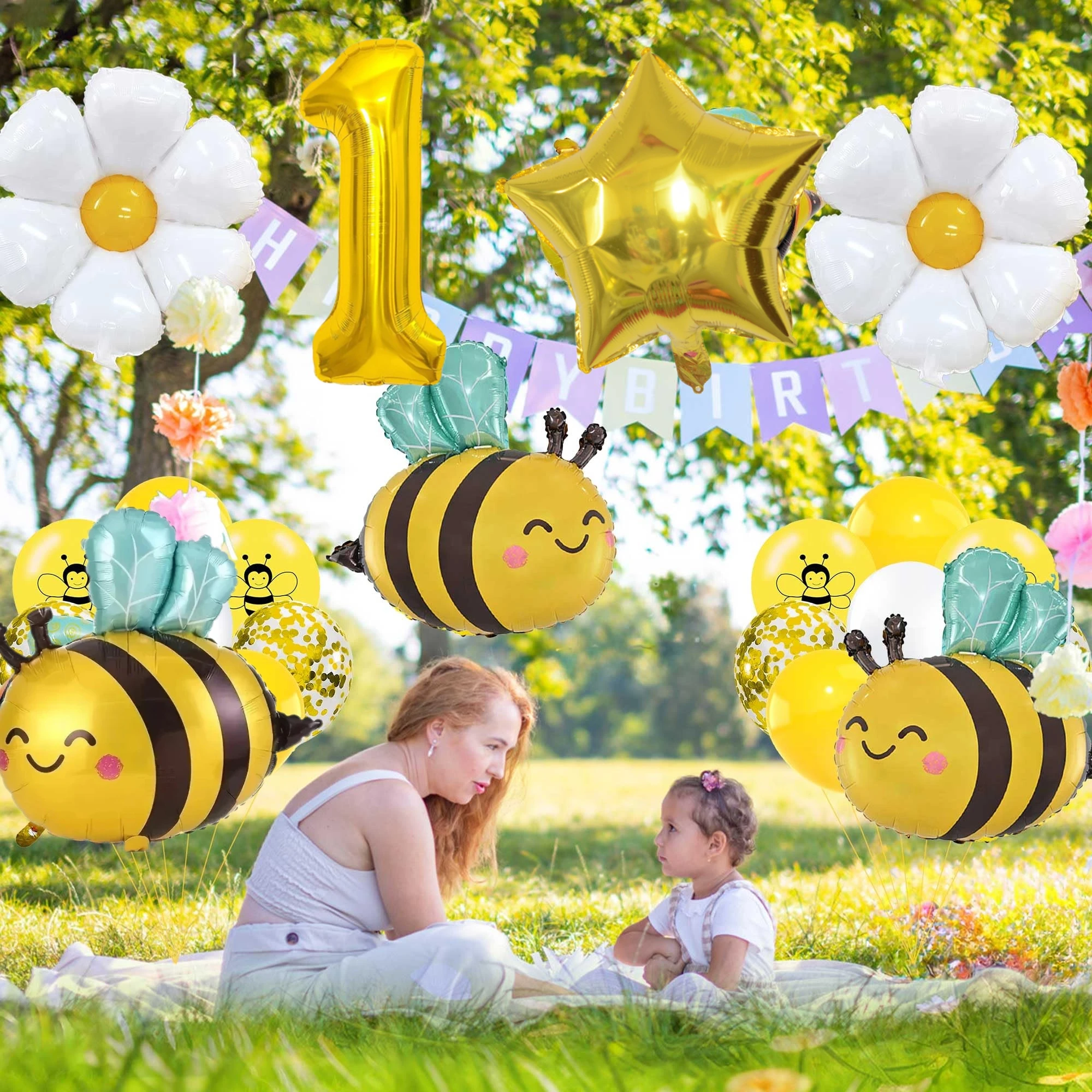 6 Pcs Bee Daisy 32 Inch Number Foil Balloon Set Kids 0-9 Years Old Birthday Anniversary Graduation Mother\'s Day Party Decoration