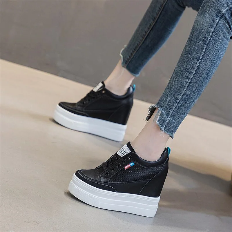 11cm Genuine Leather Platform Wedge Sneakers White Shoes Summer Women New Fashion Sneakers Hidden Heel Shoes Spring Autumn Pumps