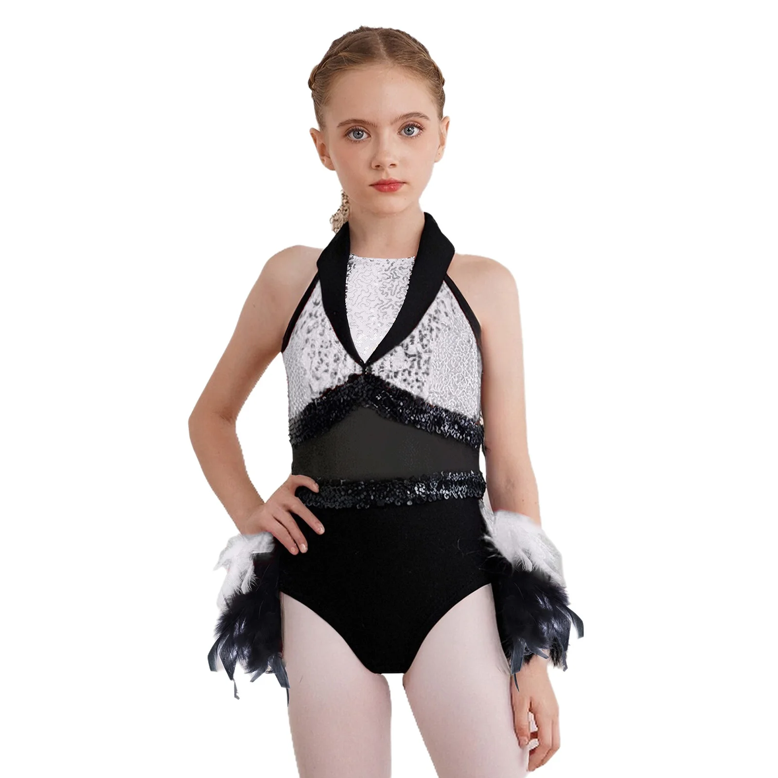 Kids Girls Shiny Sequins Feather Jazz Dance Dress Turn-Down Collar Sleeveless Sheer Mesh Color Block Leotard Latin Dancewear