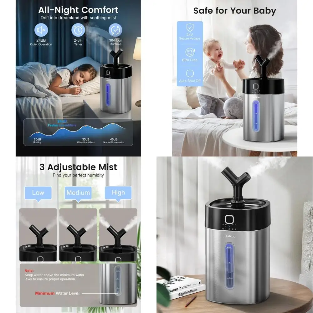 

Увлажнитель воздуха с холодным туманом из нержавеющей стали, 4 л, безопасен для посудомоечных машин, идеально подходит для больших помещений, спален, детских комнат и офисов